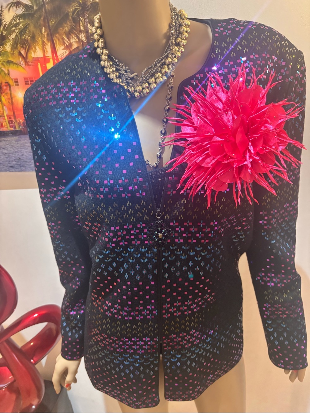 St. John Black Zip Jacket Pink Green 12 L blazer embellished paillettes twinset